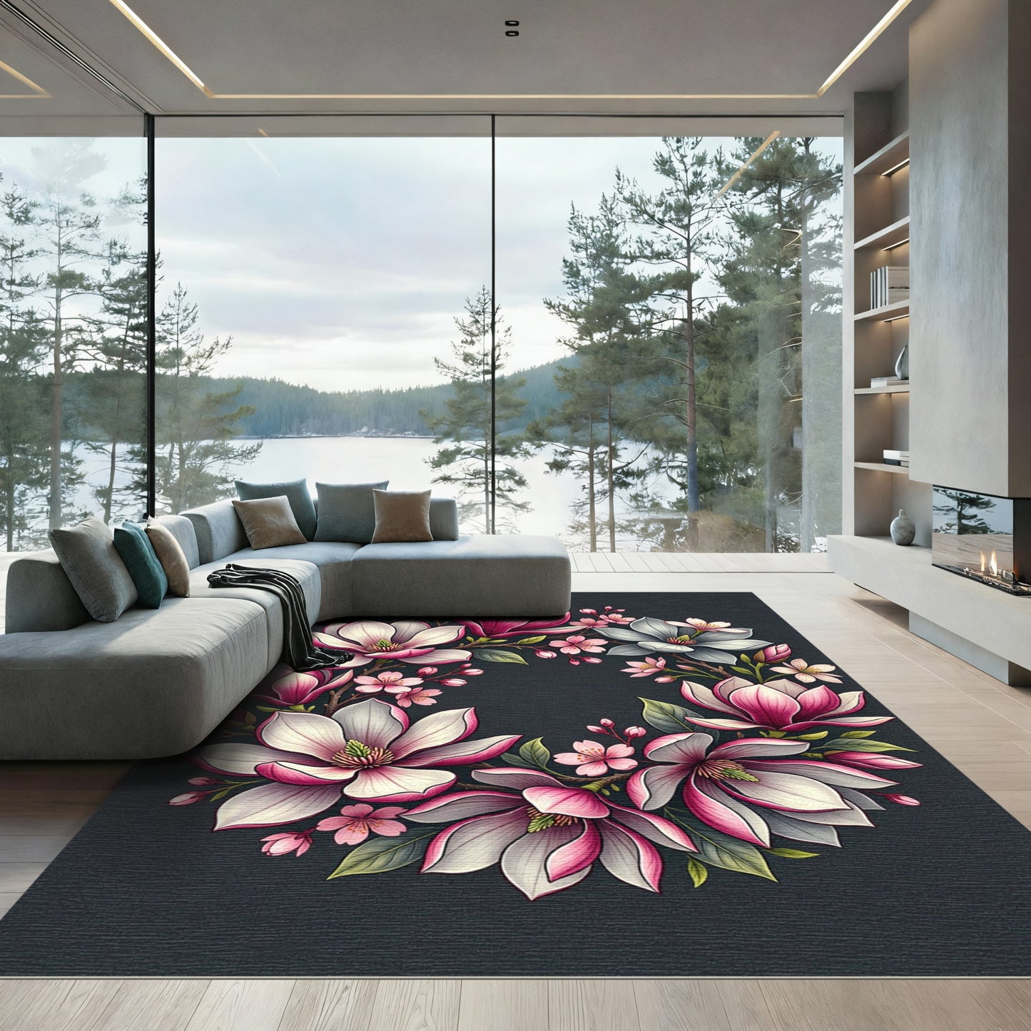 Elegant Pink Magnolia Floral Wreath Rug