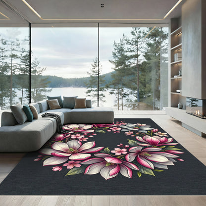 Elegant Pink Magnolia Floral Wreath Rug