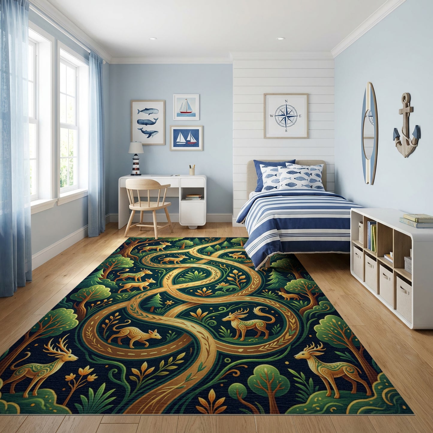 Mystical Forest Deer Golden Winding Path Rug