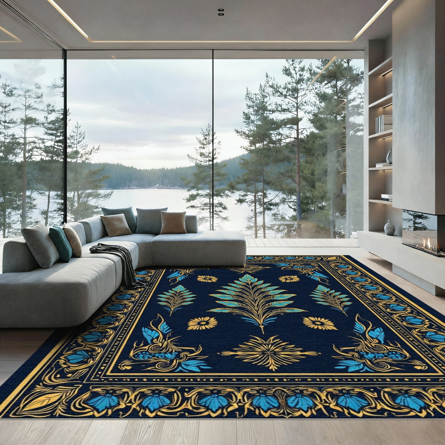 Navy Blue Gold Floral Leaf Art Rug