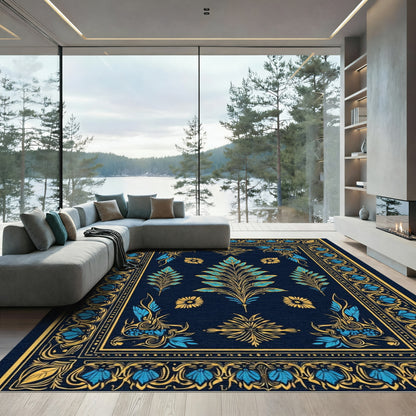 Navy Blue Gold Floral Leaf Art Rug