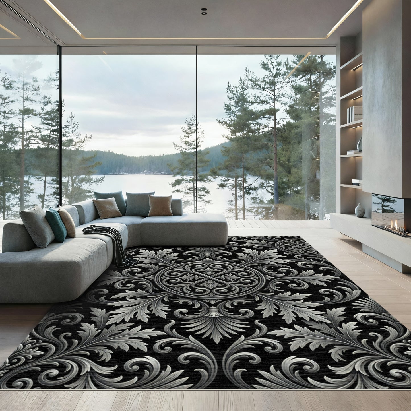 Ornate Silver Acanthus Leaf Medallion Rug