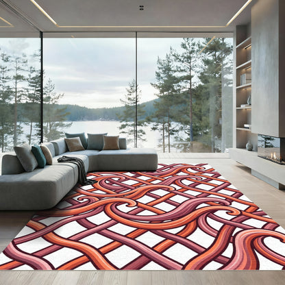 Abstract Terracotta Woven Swirl Wave Rug