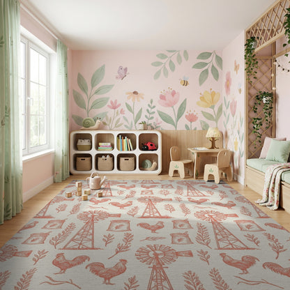 Rustic Windmill Rooster Wheat Farm Rug