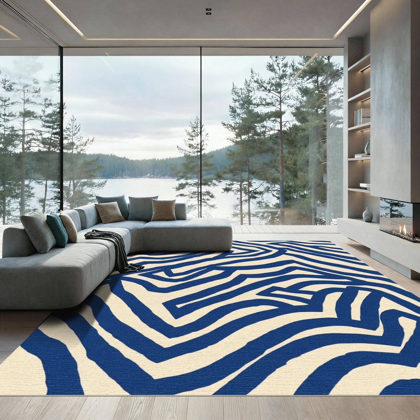 Navy Cream Abstract Stripe Rug
