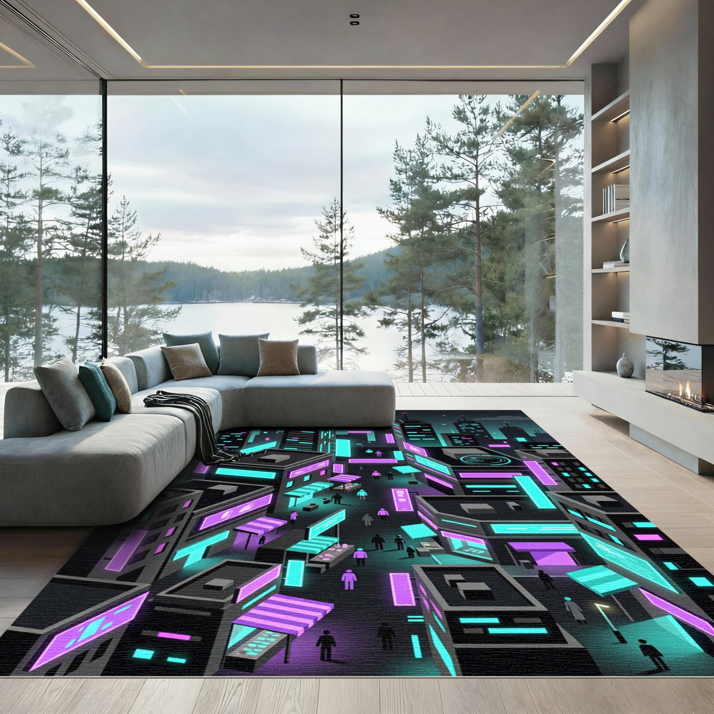 Neon Cyberpunk Cityscape Isometric Grid Rug