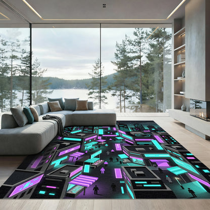 Neon Cyberpunk Cityscape Isometric Grid Rug