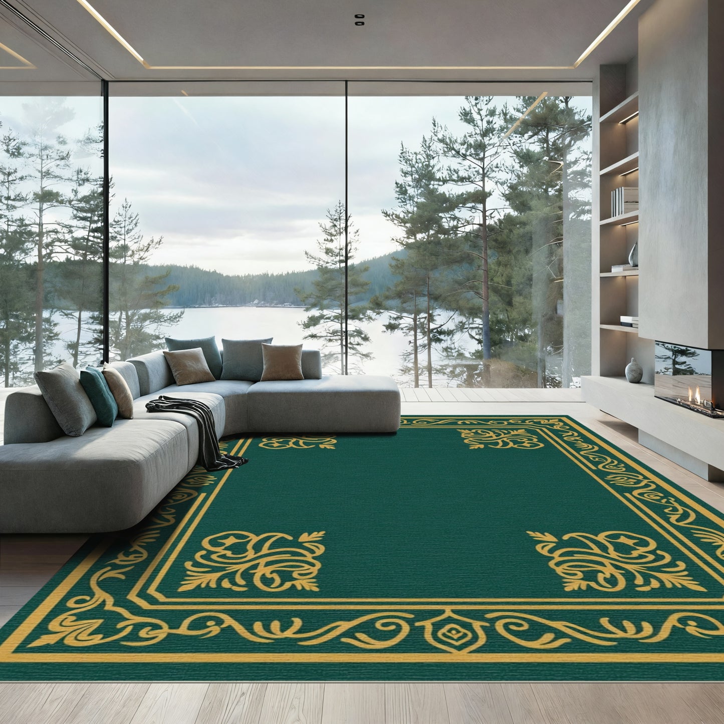 Emerald Gold Ornate Scrollwork Border Rug