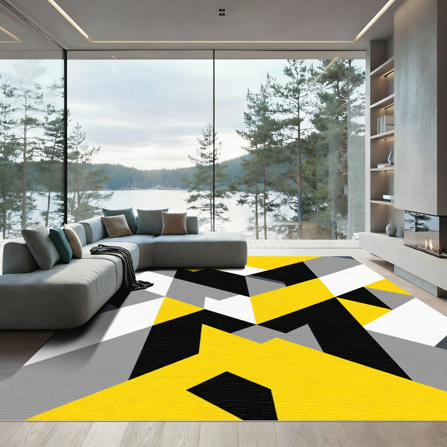 Bold Yellow Black Geometric Abstract Rug