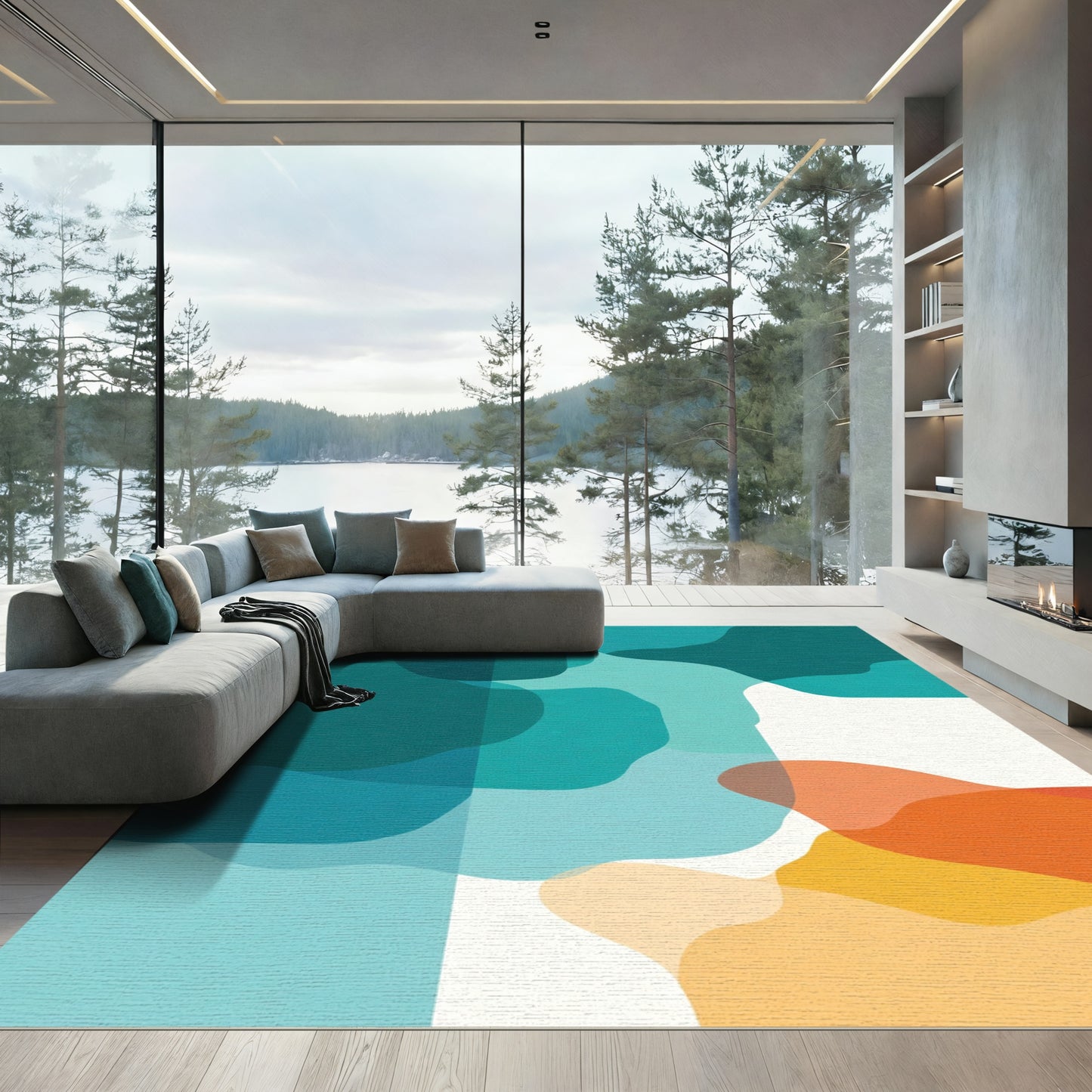 Teal Orange Abstract Overlay Shapes Rug