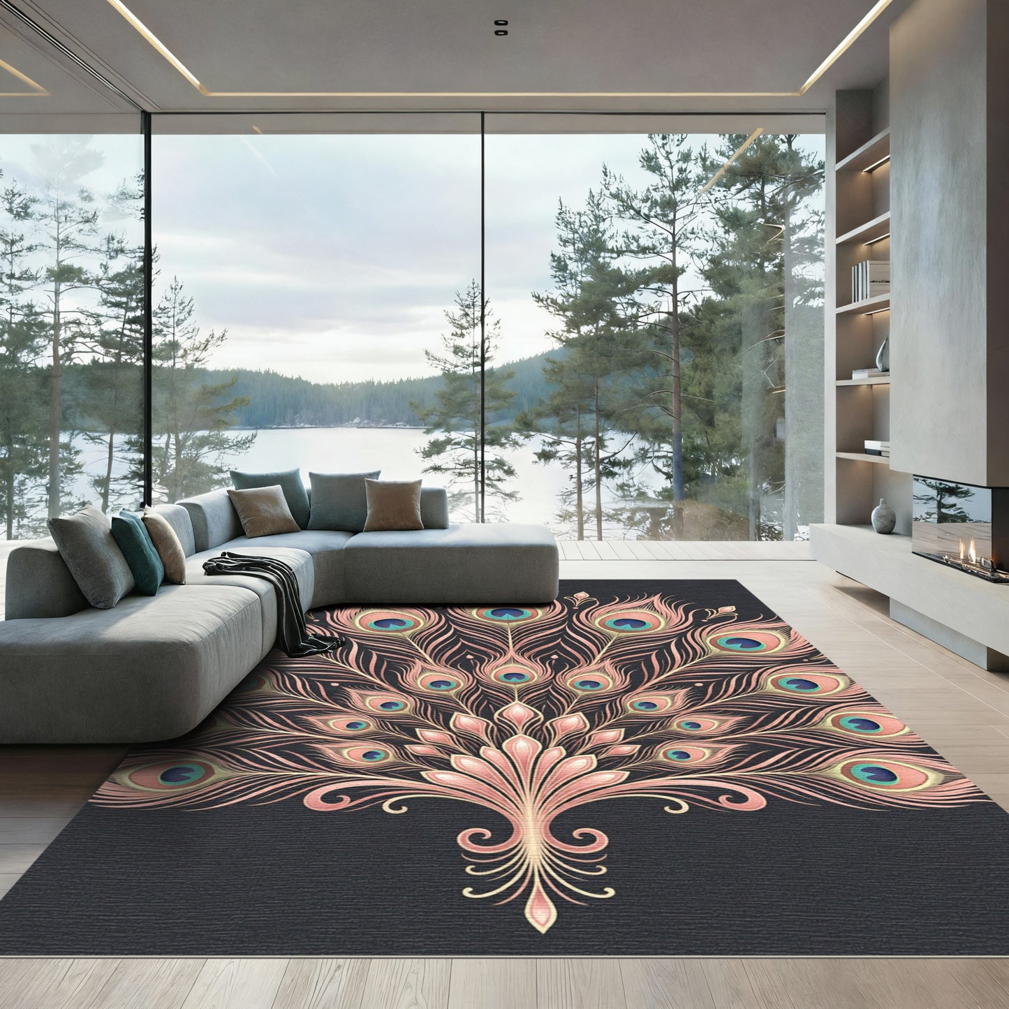 Pink Peacock Feather Fan Art Rug