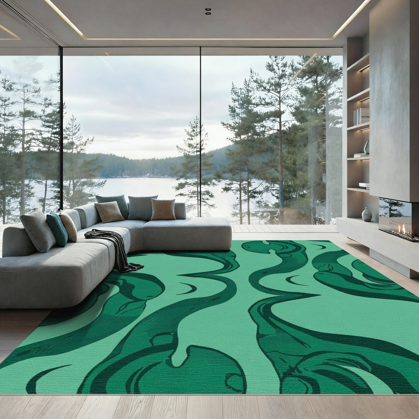 Deep Teal Swirling Crescent Motif Rug