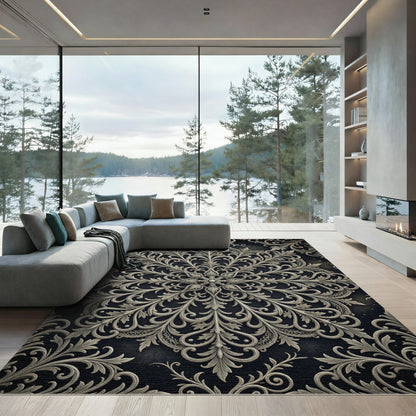 Elegant Charcoal Gray Damask Medallion Rug