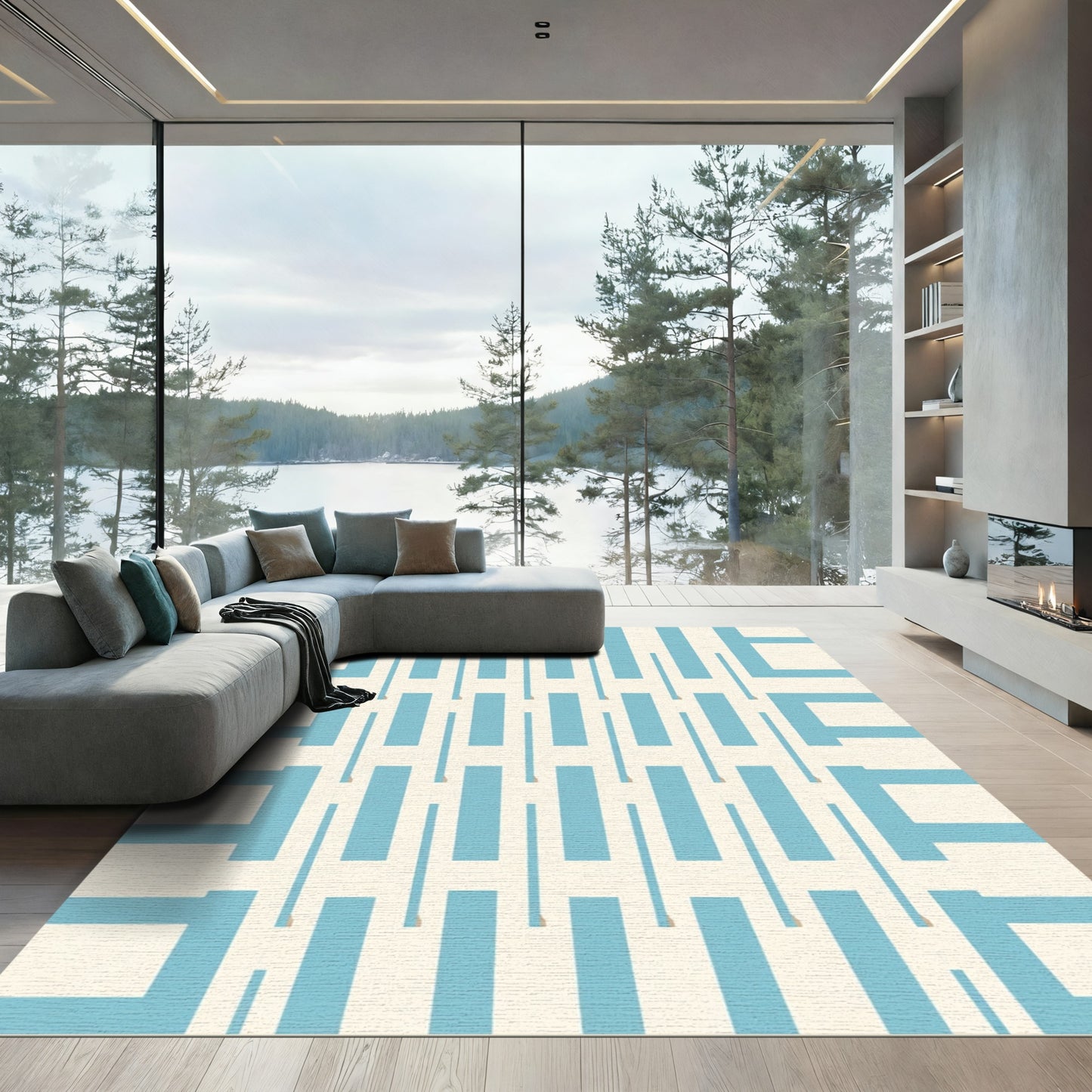 Pale Blue Rectangular Weave Rug