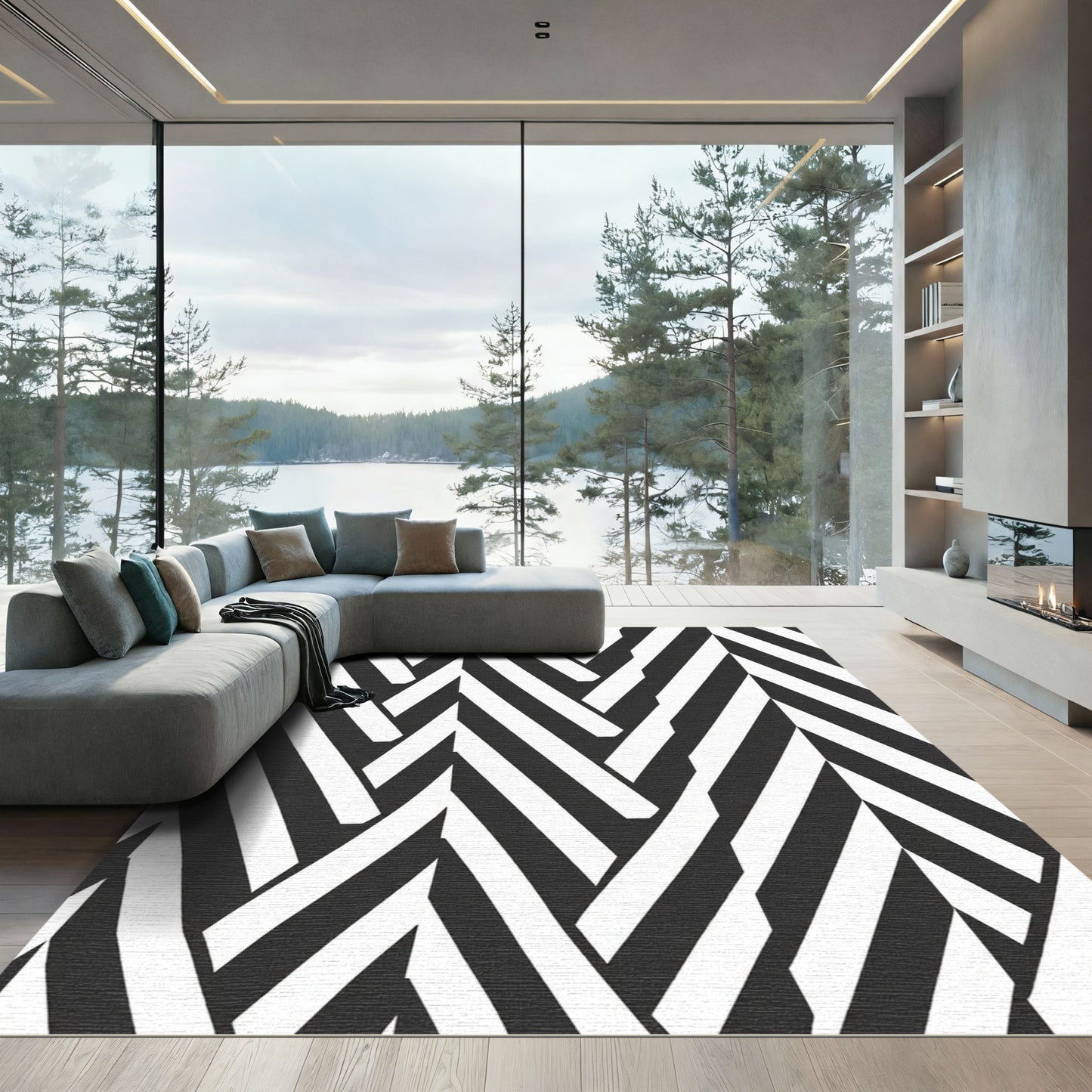 Black White Herringbone Optical Illusion Rug