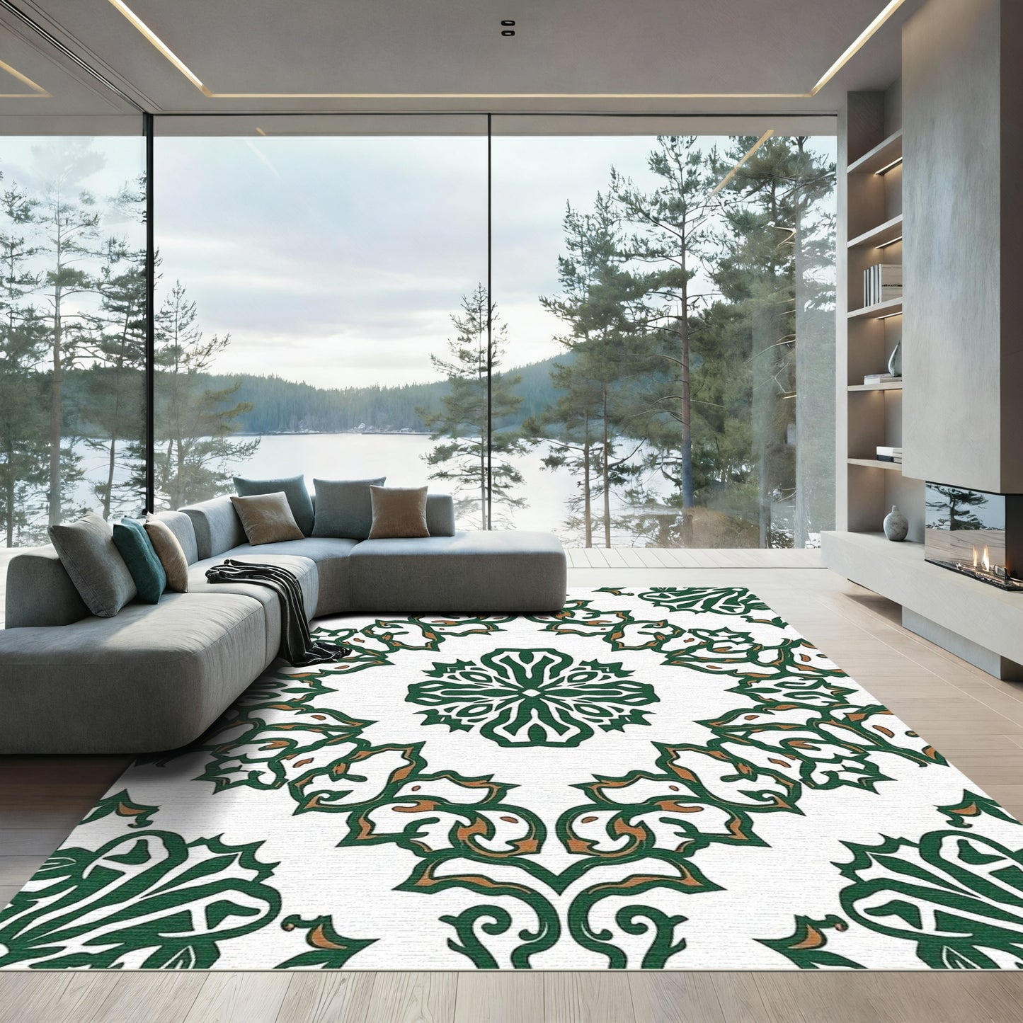 Embroidered Green Floral Mandala Rug