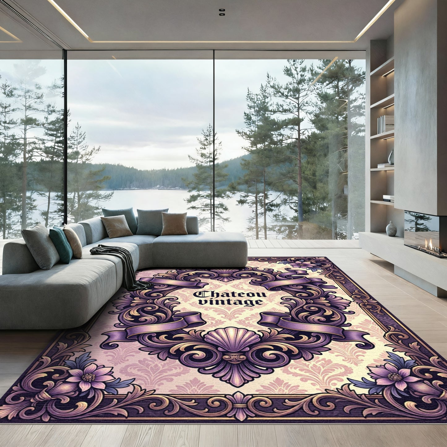 Ornate Purple Victorian Floral Rococo Scroll Rug