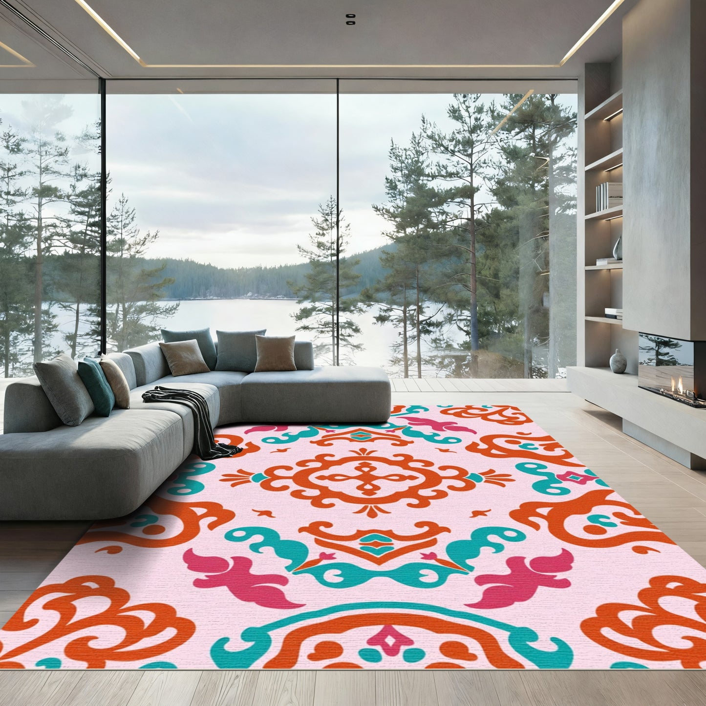 Crimson Teal Pink Ornamental Medallion Rug