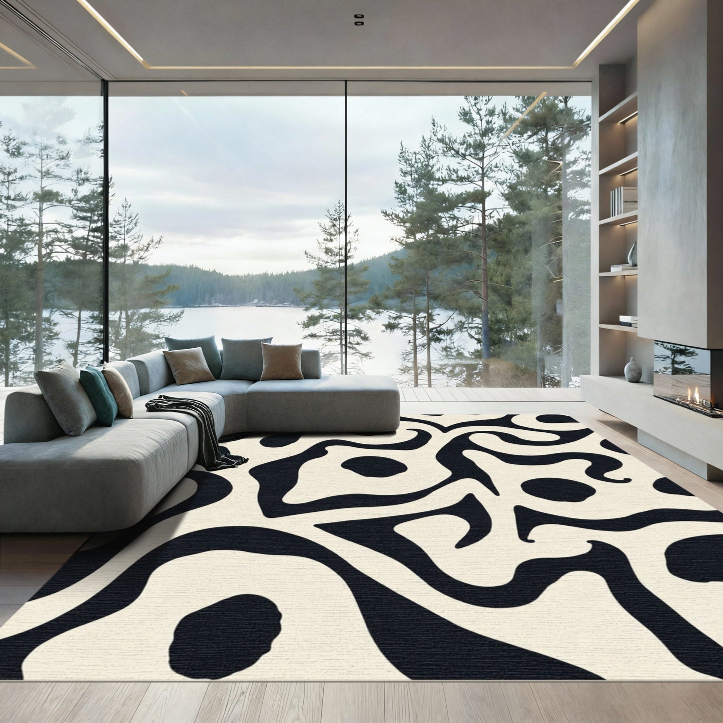 Abstract Black Ivory Organic Flow Rug
