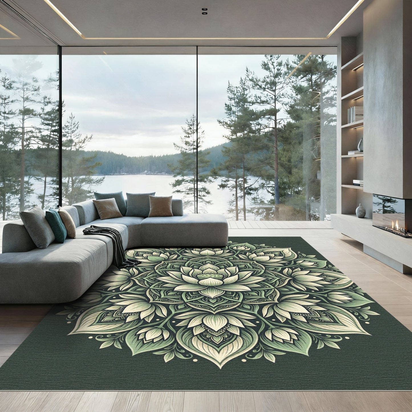 Sage Green Lotus Mandala Art Rug