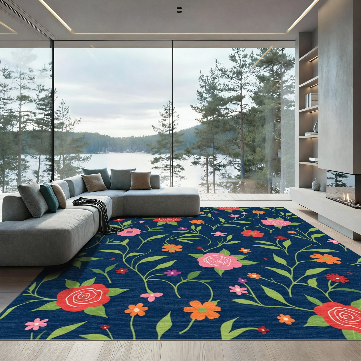 Navy Blue Floral Vines Garden Rug