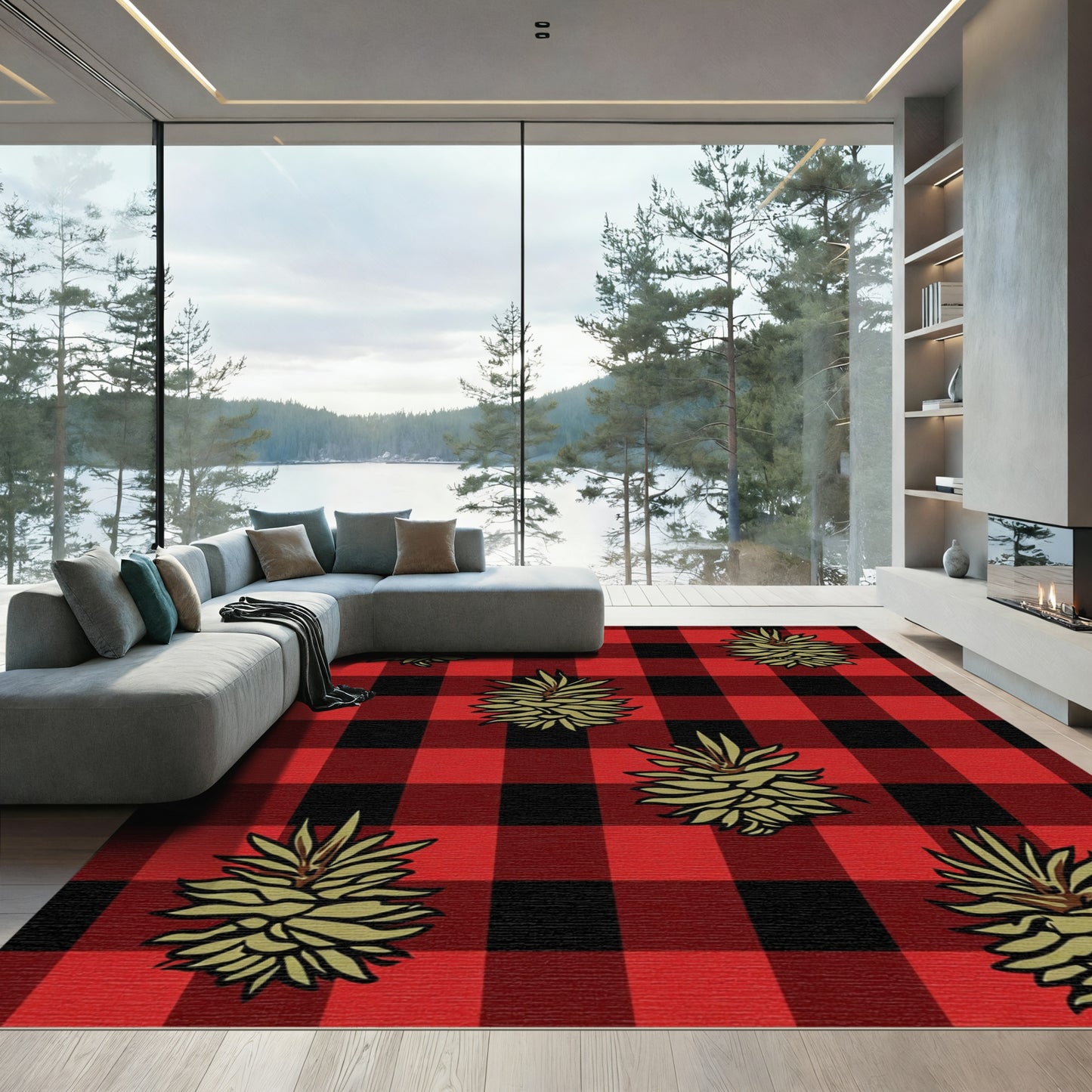 Red Black Buffalo Check Pinecone Rug