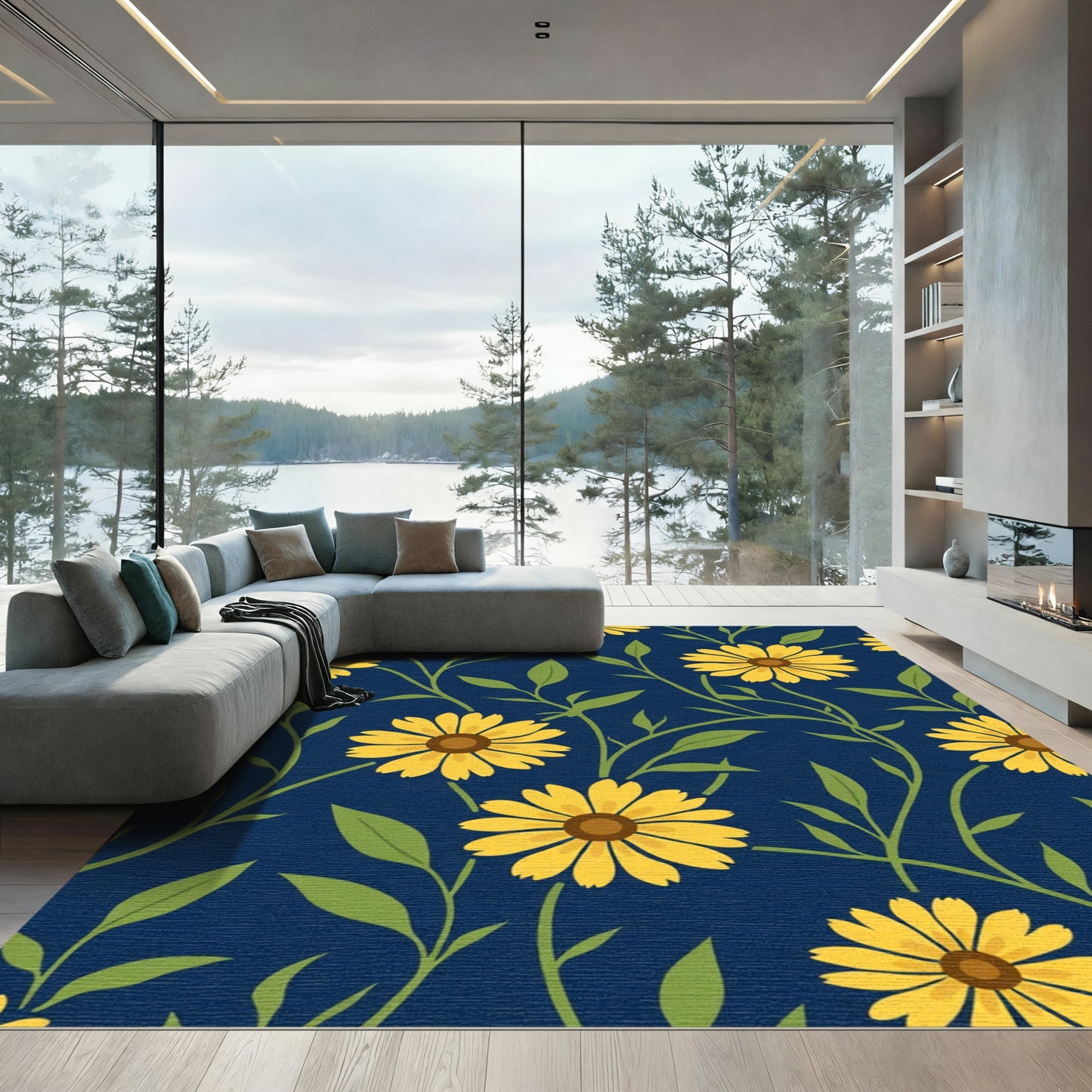 Golden Sunflower Vine Dark Blue Rug