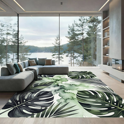 Deep Green Tropical Monstera Palm Wash Rug