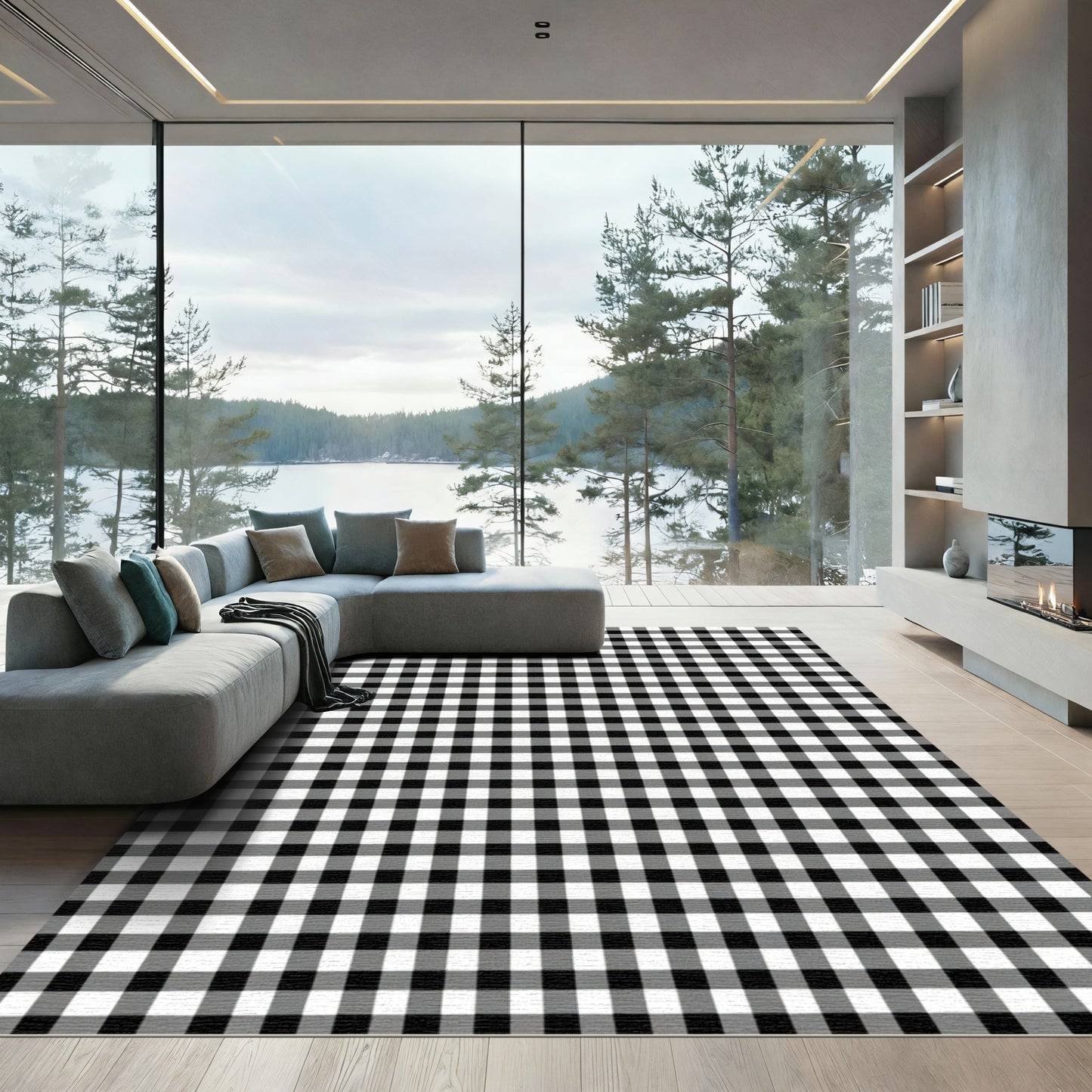 Classic Black White Gingham Check Rug