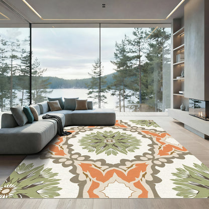 Orange Sage Green Floral Medallion Rug