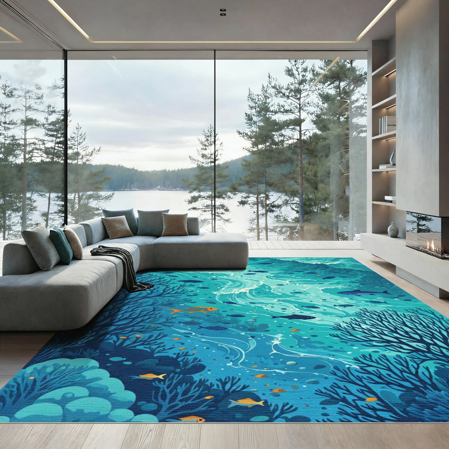 Aqua Ocean Coral Fish Swirl Rug