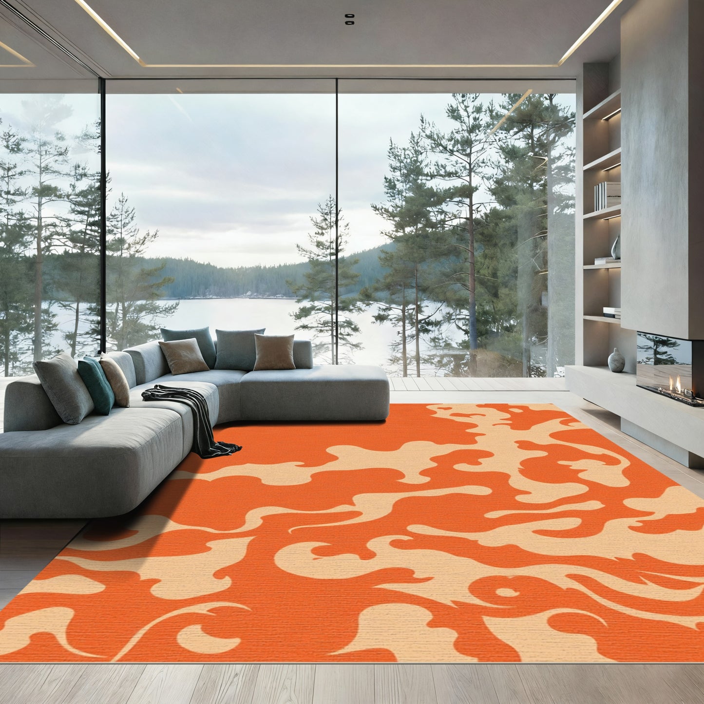 Abstract Orange Flame Swirl Rug