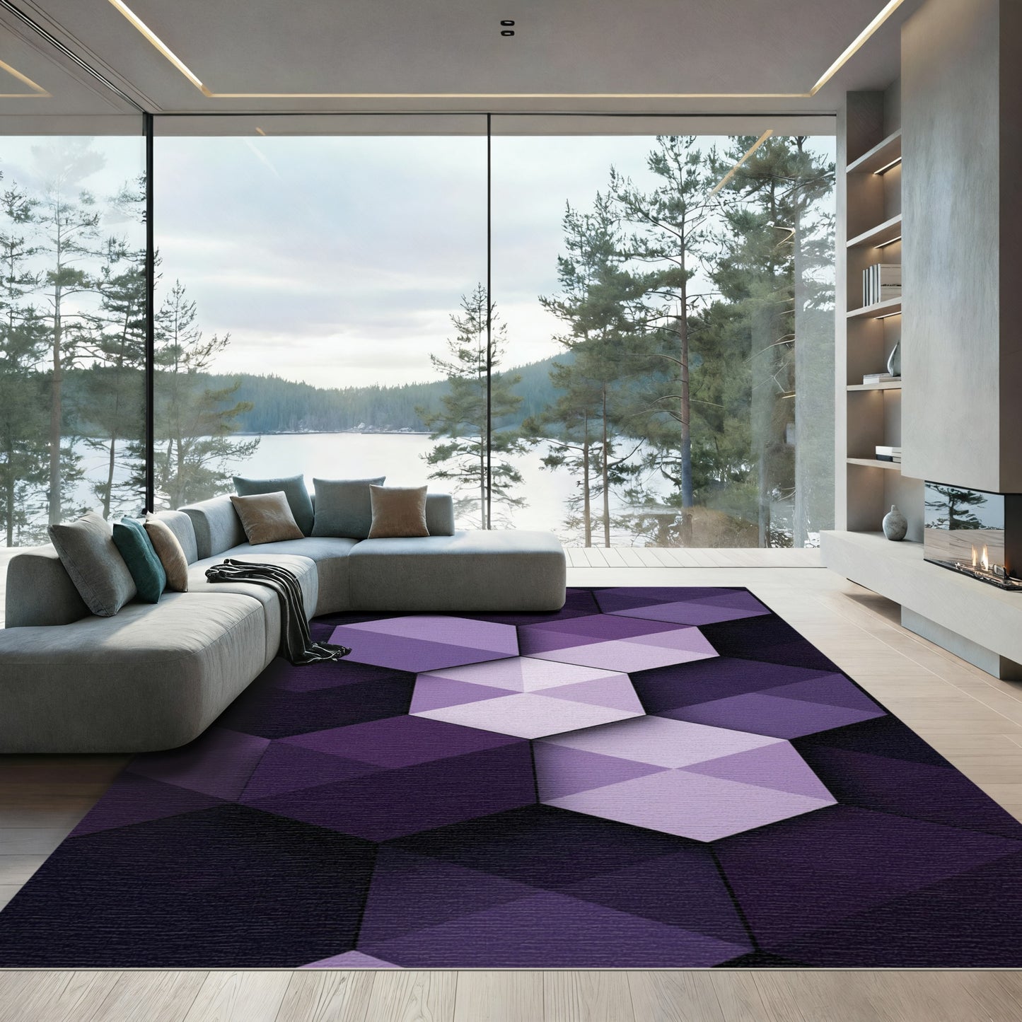 Geometric Purple Hexagon Abstract Art Rug