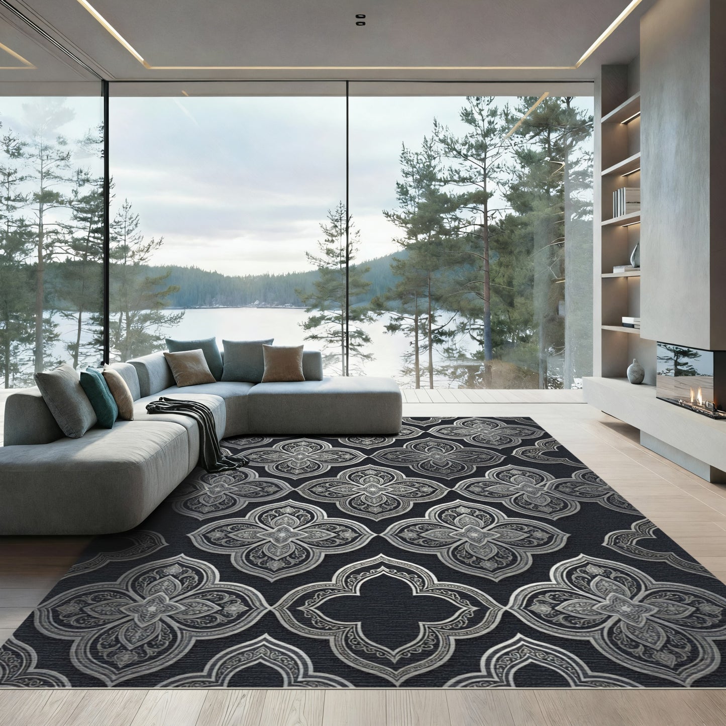 Ornate Silver Quatrefoil Arabesque Rug