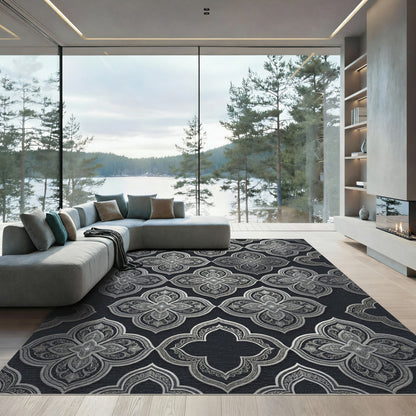 Ornate Silver Quatrefoil Arabesque Rug