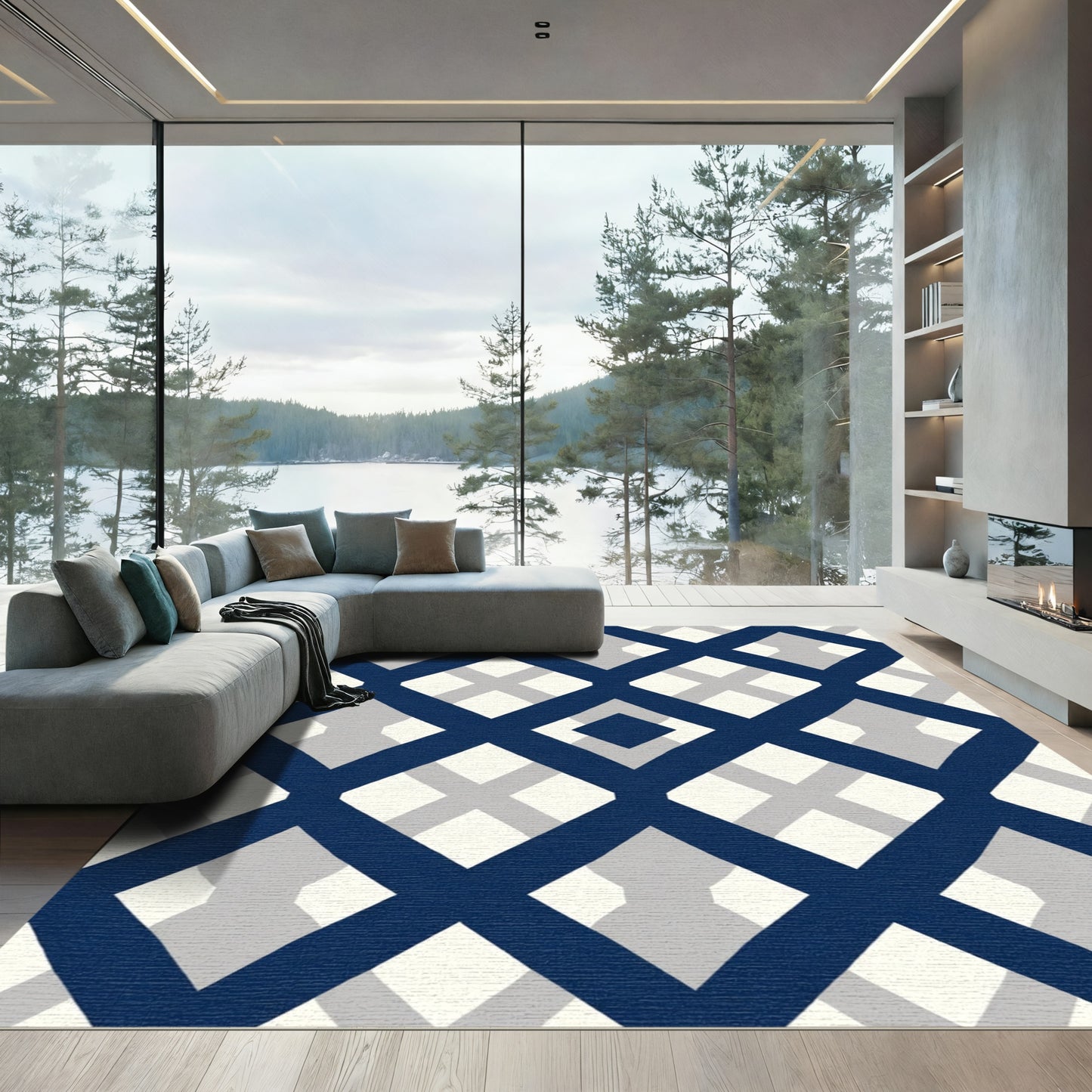 Navy Blue Lattice Geometric Diamond Rug