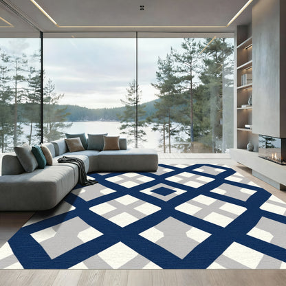 Navy Blue Lattice Geometric Diamond Rug