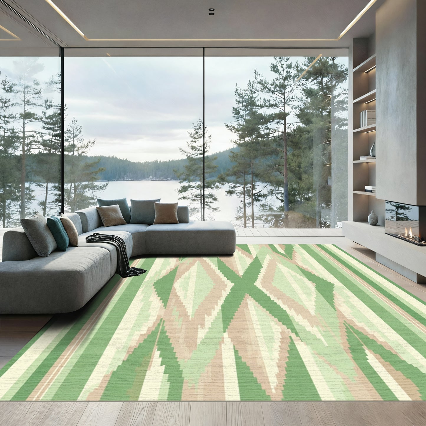 Green Tan Diamond Ikat Stripe Rug
