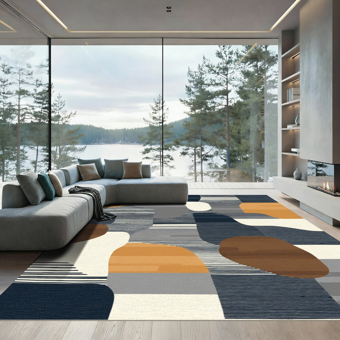 Abstract Organic Shapes Navy Horizon Rug