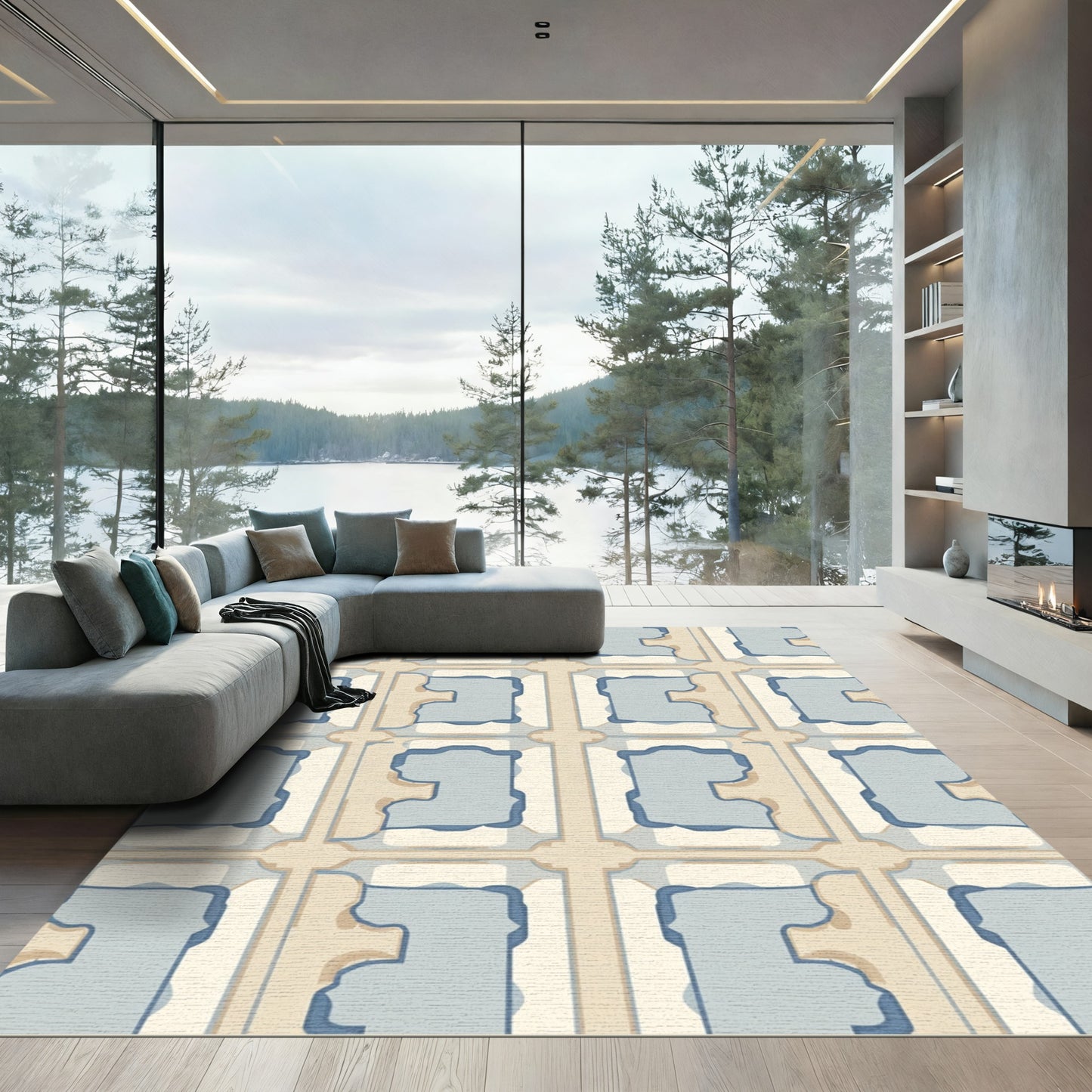 Pale Blue Tan Geometric Frame Rug