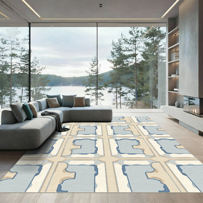 Pale Blue Tan Geometric Frame Rug
