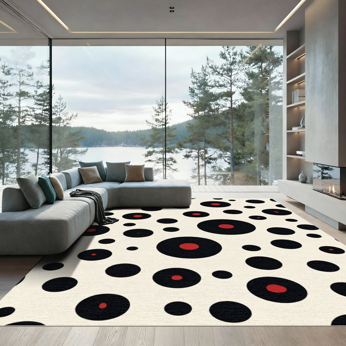 Black Red Dot Polka Modern Field Rug