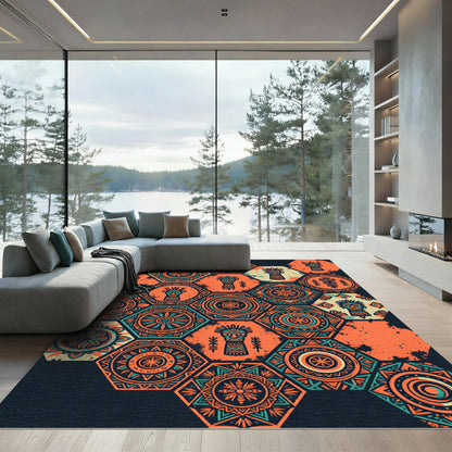 Hexagonal Tribal Orange Teal Totem Art Rug