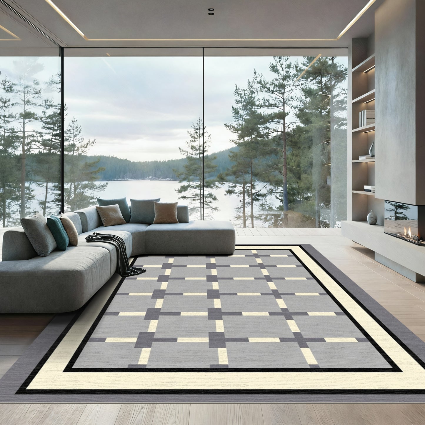 Geometric Interlocking Gray Square Rug