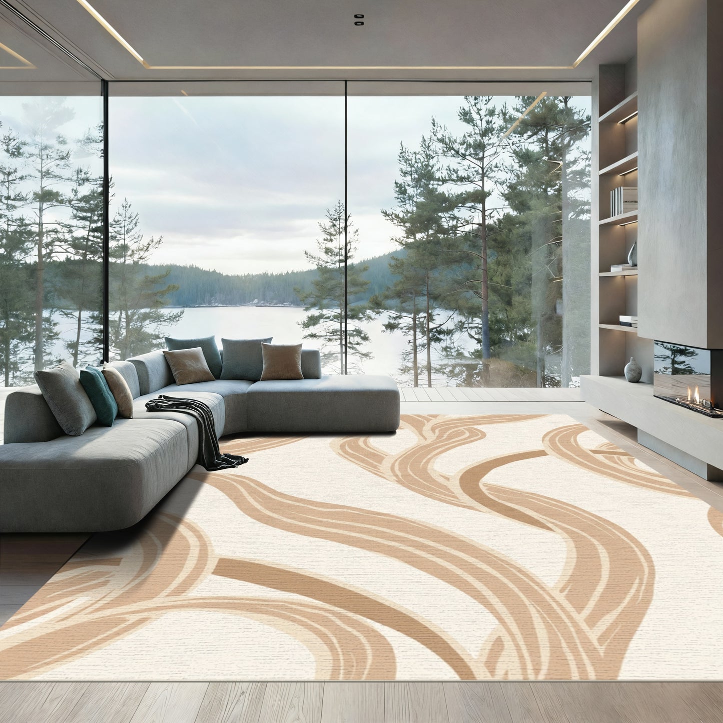 Neutral Swirl Ribbon Abstract Rug