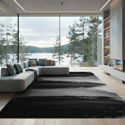 Modern Minimalist Black Brush Stroke Rug
