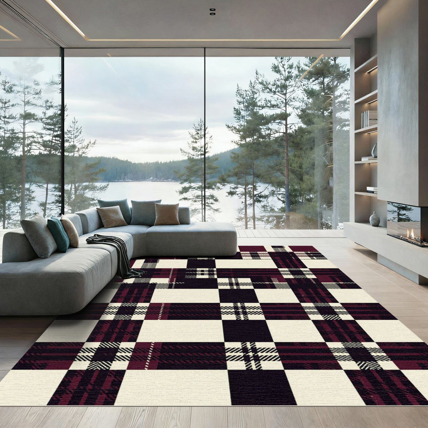 Deep Plum Tartan Checkered Tiles Rug