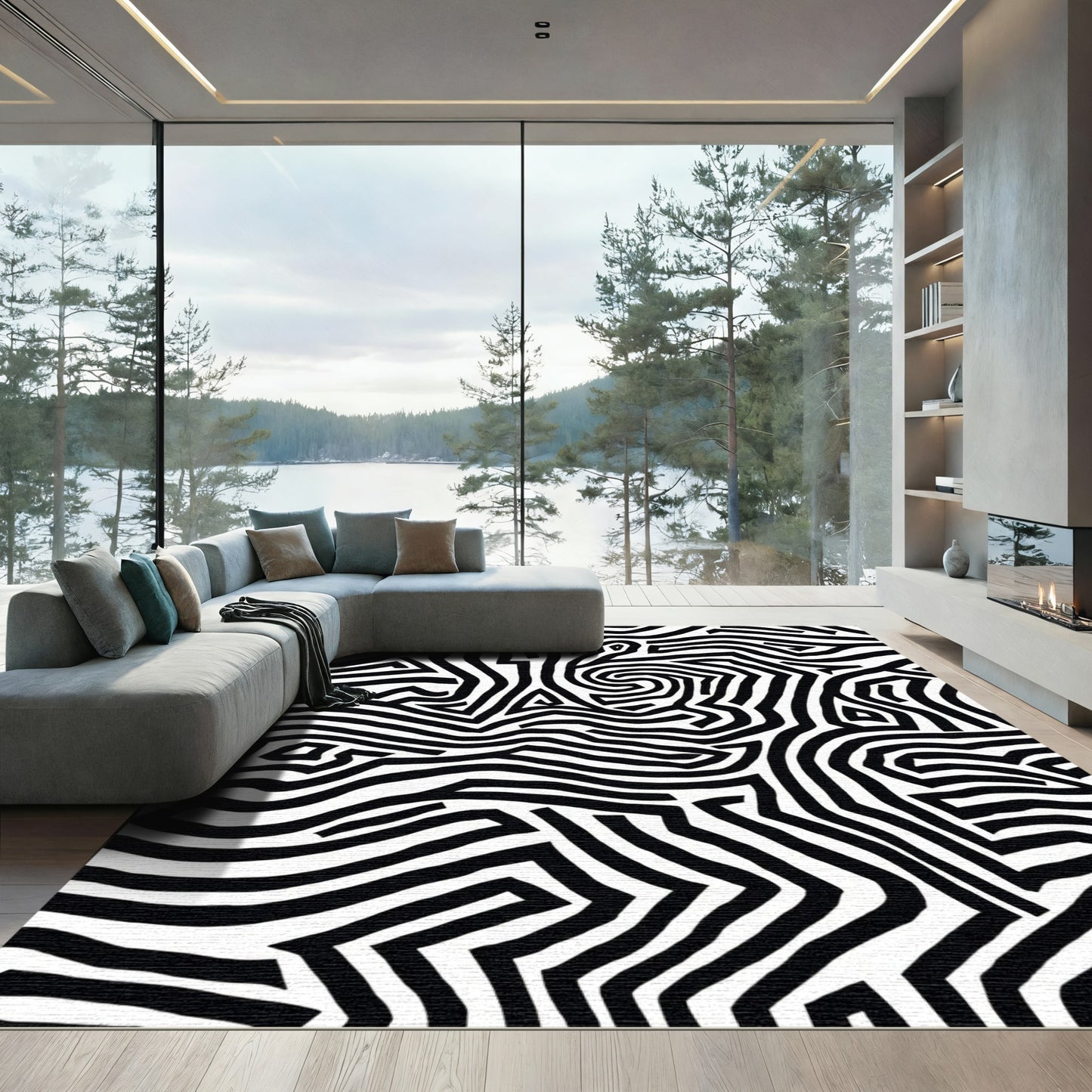 Black and White Abstract Maze Lines Rug
