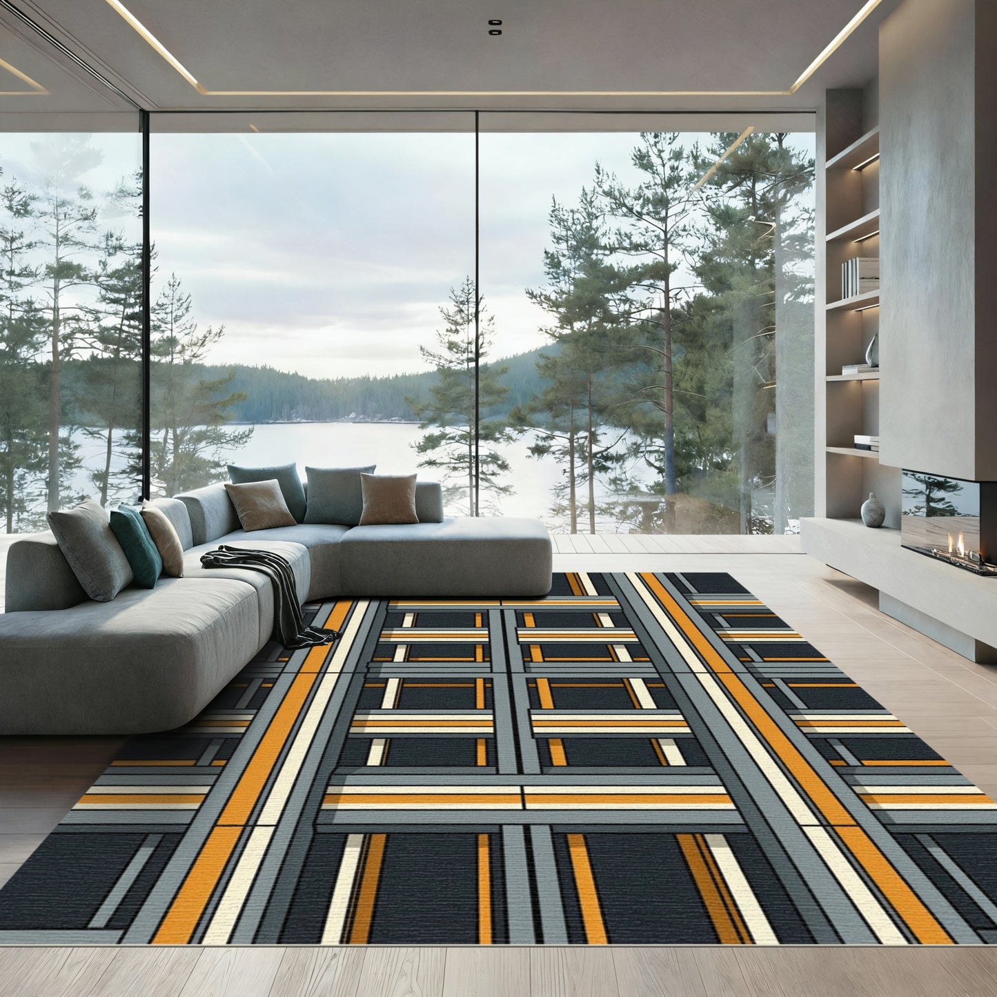 Modern Amber Gray Grid Structure Rug