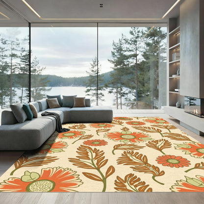 Retro Orange Daisy Botanical Arrangement Rug